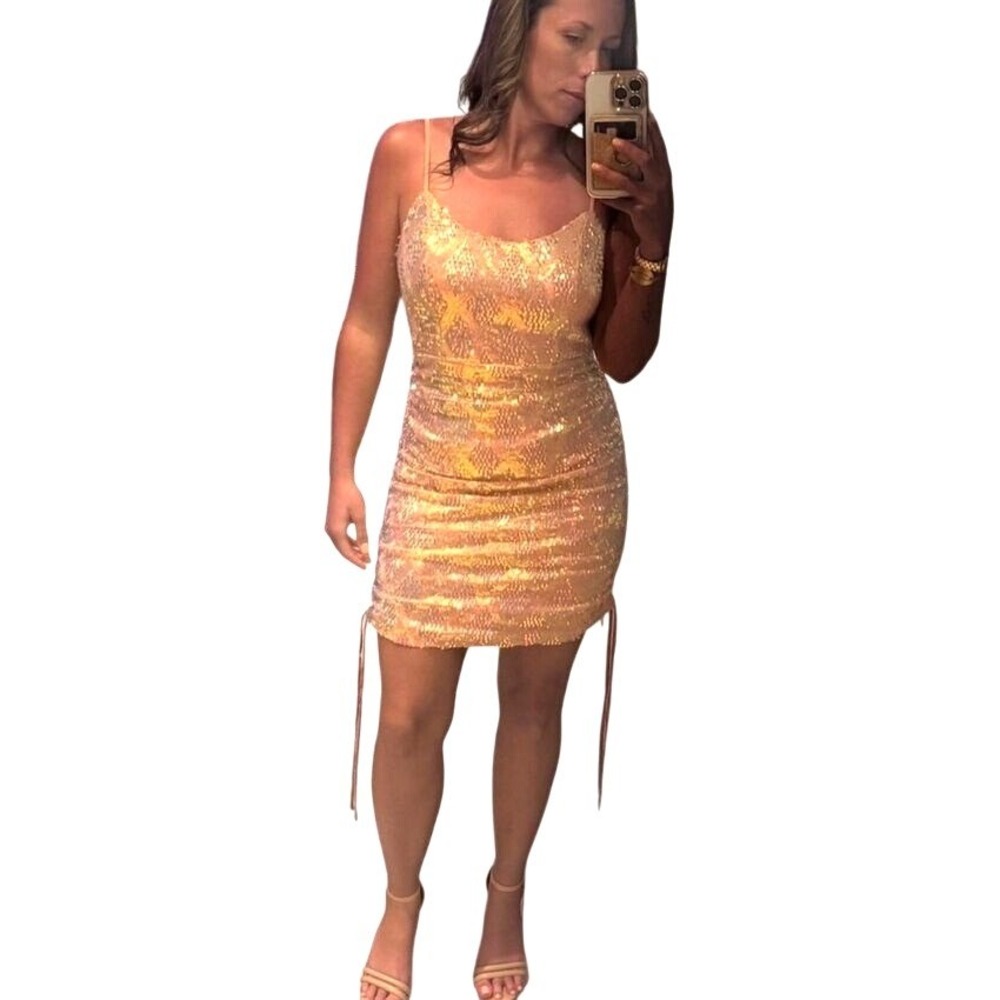 M By MNK Womens Large Iridescent Peach Sequin Mini Dress Color Shifting Glam